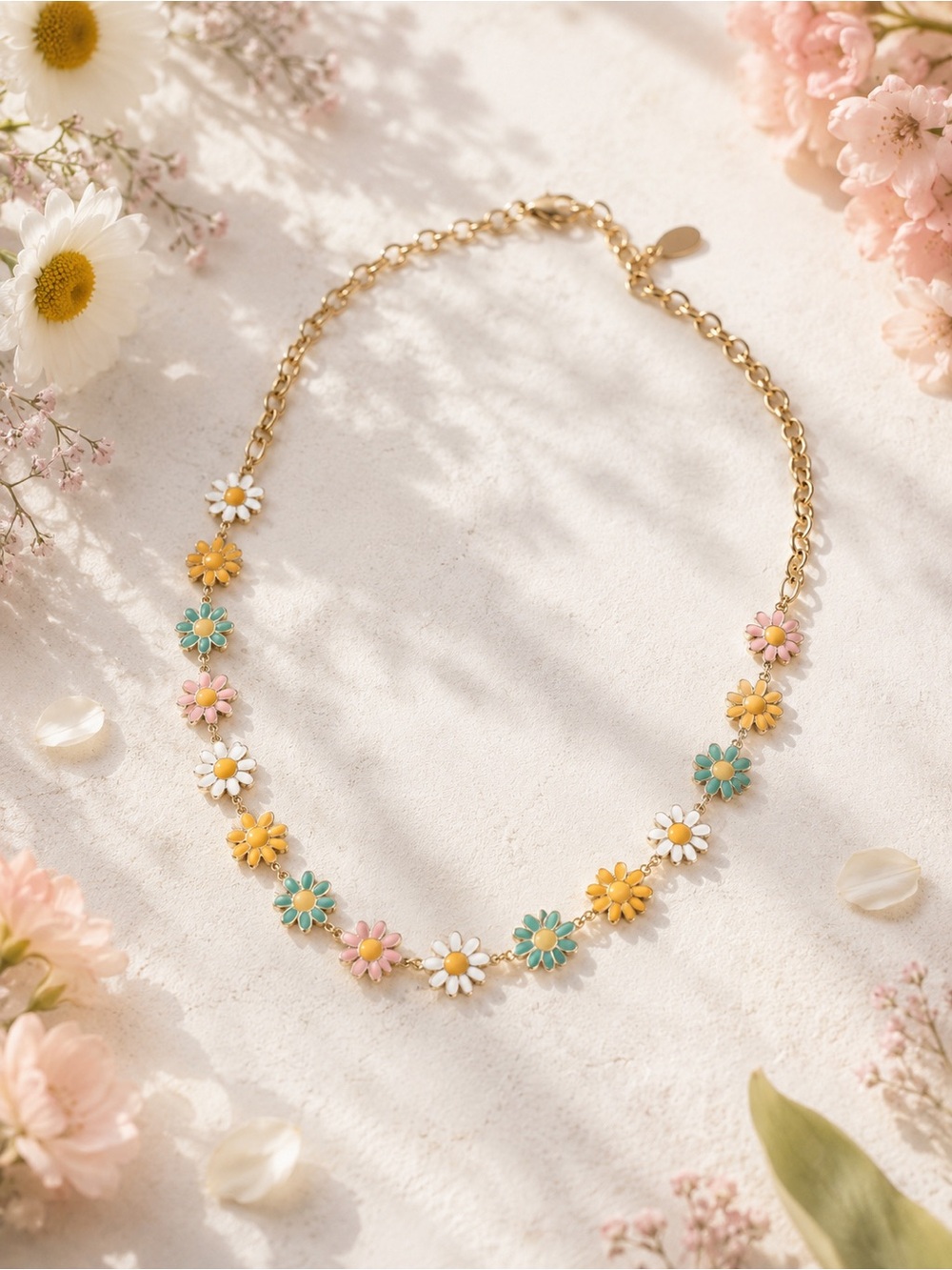 Gold Floral Daisy Necklace with Multicolor Enamel | Women Jewelry